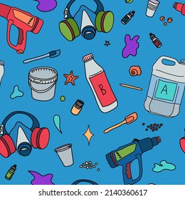 Resin art seamless pattern. Hand drawn background, epoxy crystal clear chemical elements for design with bootle, gas burner, fan, gloves, glasses, respirator, canister, cup, ocean star and othe