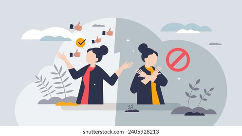 Resistance or acceptance as personal opinion about change tiny person concept. Social skill to accept new choices and be inclusive personality vector illustration. Negative attitude to new potentials