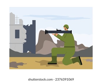 Resistance against attack from the enemy, soldiers using weapons, war vector illustration.