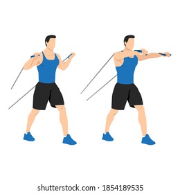 Resistance Band Chest Press Exercise, Flat Vector Illustration Isolated On White Background. Chest Workout