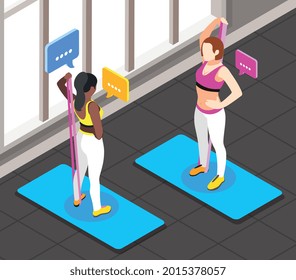 Resistance band exercises isometric background with two women standing on gymnastic mats with chat bubble icons vector illustration