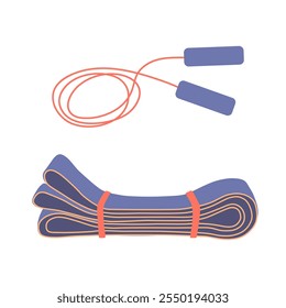 Ilustração de vetor de banda de resistência e corda de salto. Equipamento de treino de corpo inteiro para treino em casa e exercícios de ginástica. Ferramentas de treino de fitness isoladas no fundo branco. Pulando corda e faixa de borracha