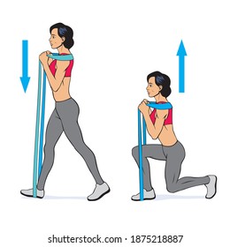 resistance band workout, woman doing one leg squat, vector image