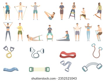 Resistance Bands icons set cartoon vector. People gym. Health sport