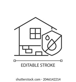 Widerstand gegen das lineare Symbol der Feuchtigkeit. Dämmerschutz. Gebäude mit Feuchtigkeitsbeständigkeit. Dünne, anpassbare Illustration. Contour-Symbol. Vektor-einzelne Rahmenzeichnung. Bearbeitbarer Hub