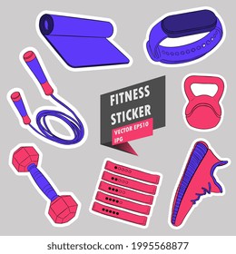 Resistance elastic bands. Kettlebell. Fitness tracker. Gym. Equipment. Fitness routine. Active lifestyle. Hand drawn colorful illustration. Sticker for printing. High resolution. Vector EPS10 and IPG