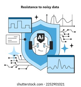 Resistencia a datos ruidosos como beneficio de red neural artificial. Sistema de computación de autoaprendizaje para el procesamiento de datos. Máquina profunda aprendiendo tecnología moderna. Ilustración vectorial plana