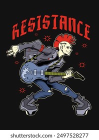 Resistance Street Punk T-Shirt Design, Band Graphic T-Shirt für Print. Gitarrist Artwork Vektorgrafik