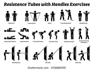 Resistance tubes band with handles exercises and stretch workout techniques in step by step. Vector illustrations of stretching exercises poses, postures, and methods with resistance tube band. 