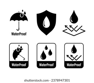 Resistant, waterproof icon set. Signs of reflected water. Surface protection sign collection. Shield with water drop. vector