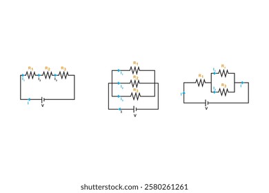 Resistor circuit symbol. Series circuit connection, parallel circuit, mixed circuit. Vector illustration isolated on white.