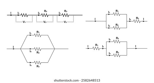 Resistor circuit symbol. Series circuit connection, parallel circuit, mixed circuit. Vector illustration isolated on white