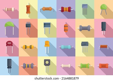 Resistor icons set flat vector. Capacitor chip. Battery board