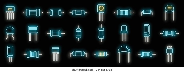 Resistor icons set outline vector. Capacitor chip. Battery board neon color on black