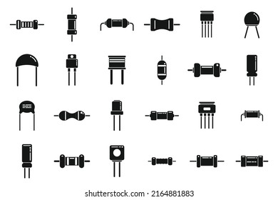 Resistor icons set simple vector. Capacitor chip. Battery board