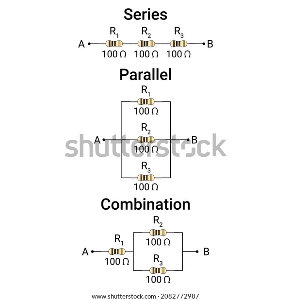 Resistors in Series, Parallel\
and Combination Circuits (Part 3). Vector illustration for\
education.