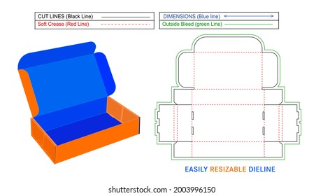 Resizable mailer shipping box, roll end front tuck box dieline and 3D render