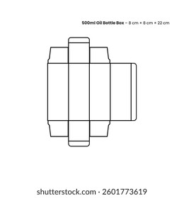 Resizable oil bottle box die lines layout and 500ml bottle box vector die cut template.