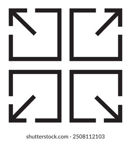 Resize arrows icon. Four black arrows. Square and arrow concept. Minimalist vector graphic.