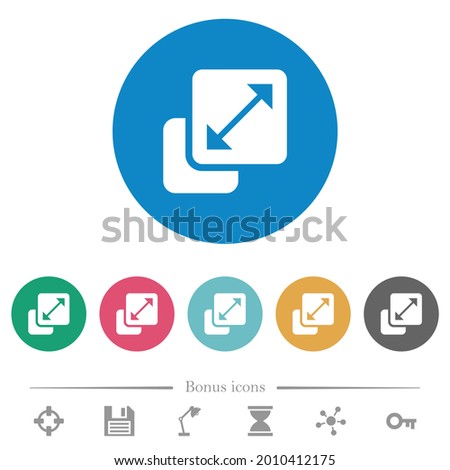 Resize element flat white icons on round color backgrounds. 6 bonus icons included.