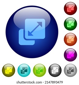 Resize element solid icons on round glass buttons in multiple colors. Arranged layer structure