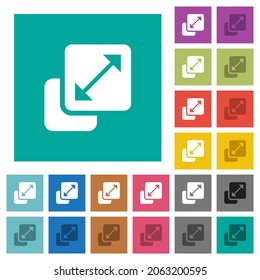 Resize element solid multi colored flat icons on plain square backgrounds. Included white and darker icon variations for hover or active effects.