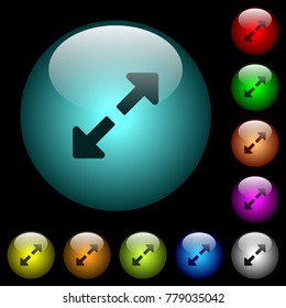 Resize full icons in color illuminated spherical glass buttons on black background. Can be used to black or dark templates