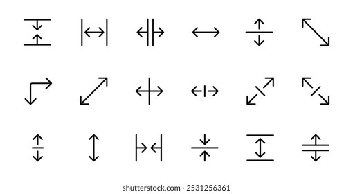 Resize icon Set. A collection of arrow and resize icons, featuring various directions, expansion, contraction, and rotation symbols, in a minimalist outline style.