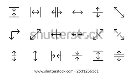 Resize icon Set. A collection of arrow and resize icons, featuring various directions, expansion, contraction, and rotation symbols, in a minimalist outline style.