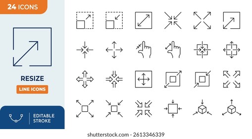 Resize line editable icon set. Increase, reduce symbol set with arrows. Vector illustration