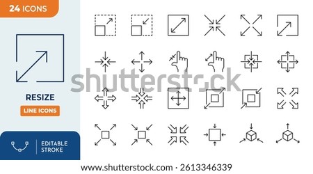 Resize line editable icon set. Increase, reduce symbol set with arrows. Vector illustration