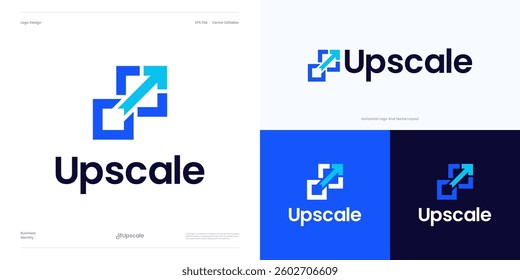 Resize logo icon design vector for AI Image up scale resolution size digital image maintaining. Enhancing quality, Add pixels detail image, Logo arrow with square, Maximize or extend for scalable.