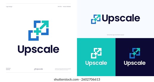 Resize logo icon design vector for AI Image up scale resolution size digital image maintaining. Enhancing quality, Add pixels detail image, Logo arrow with square, Maximize or extend for scalable.