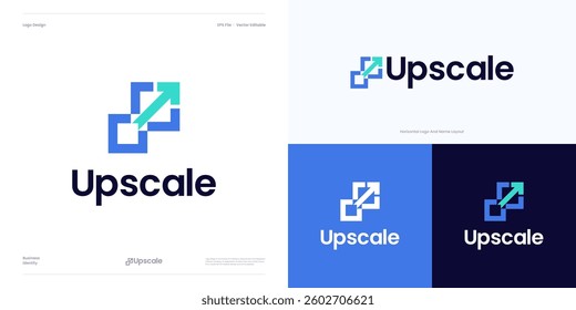 Resize logo icon design vector for AI Image up scale resolution size digital image maintaining. Enhancing quality, Add pixels detail image, Logo arrow with square, Maximize or extend for scalable.