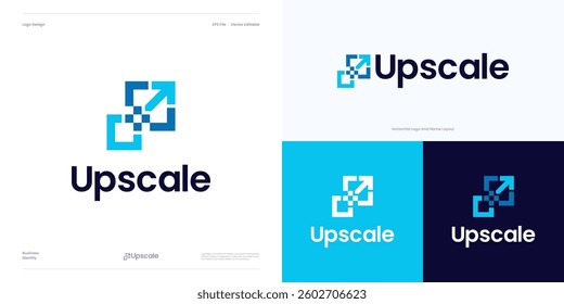 Resize logo icon design vector for AI Image up scale resolution size digital image maintaining. Enhancing quality, Add pixels detail image, Logo arrow with square, Maximize or extend for scalable.