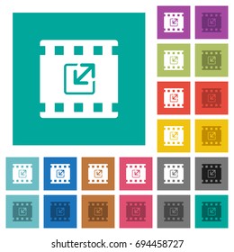 Resize movie multi colored flat icons on plain square backgrounds. Included white and darker icon variations for hover or active effects.