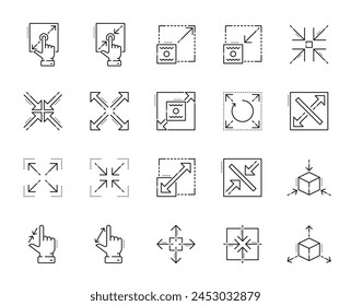 Resize and scale icons. Reduce, zoom and change, expand symbols, vector thin line ui arrows and hands. Size control outline icons set, enlarge, move, shrink or extend, maximize, full screen, minimize