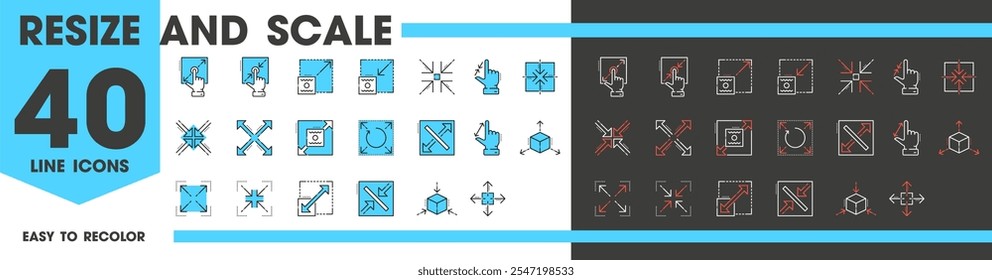 Resize and scale line icons, reduce or expand zoom or change, vector pictograms. Scalable size icons of finger for window extend or enlarge, rotate box, minimize zoom in for screen control arrows