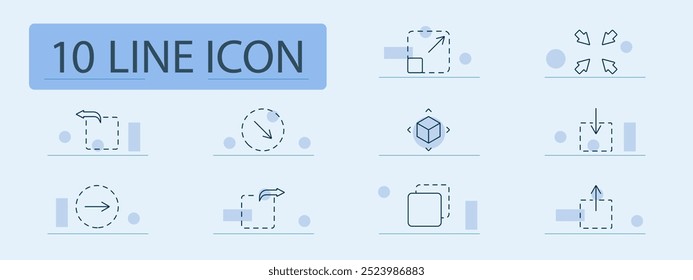 Resize set icon. Arrow, rotation, move, expand, shrink, cube, 3D, drag, cursor, adjust, size, design, layout, object, interface, graphic, positioning, direction, arrows, interactive.