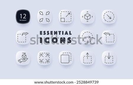 Resize set icon. Expand arrows, scale box, 3D cube, full-screen, minimize, stretch arrows, resizing direction, move block, adjust square. Useful for design, layout, and digital interface themes