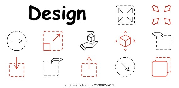 Ícone de conjunto de redimensionamento. Expandir, compactar, cubo 3D, setas direcionais, caixas de seleção. Ícones para redimensionar, dimensionar e ajustar objetos ou designs digitais em aplicativos gráficos