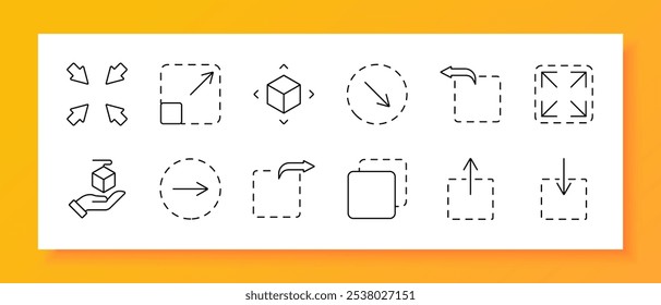 Ícone de conjunto de redimensionamento. Expandir, compactar, cubo 3D, setas direcionais, caixas de seleção. Ícones para redimensionar, dimensionar e ajustar objetos ou designs digitais em aplicativos gráficos