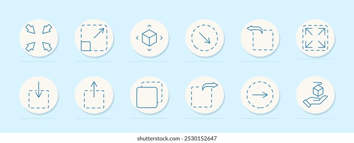 Ícone de conjunto de redimensionamento. Setas para dentro, para fora, caixa com setas, cubo com setas, diagonal, quadrado com, para baixo, para cima, quadrado, dobrado, direita, mão com caixa.