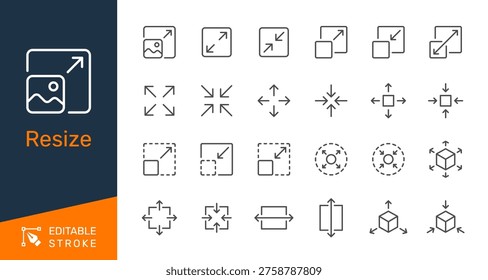 Resize thin line icon collection for scaling, expanding, adjusting, and transformation concept. Editable stroke. Pixel perfect.
