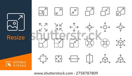 Resize thin line icon collection for scaling, expanding, adjusting, and transformation concept. Editable stroke. Pixel perfect.