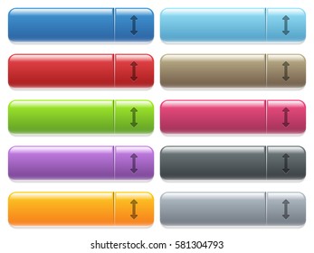 Resize vertical engraved style icons on long, rectangular, glossy color menu buttons. Available copyspaces for menu captions.