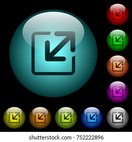 Resize window icons in color illuminated spherical glass buttons on black background. Can be used to black or dark templates