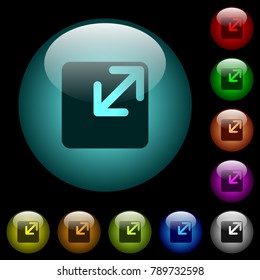 Resize window icons in color illuminated spherical glass buttons on black background. Can be used to black or dark templates
