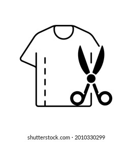 Resizing clothes black linear icon. Garment restoration. Damaged shirt. Fix outfit with scissors. Clothing alteration and repair services. Outline symbol on white space. Vector isolated illustration