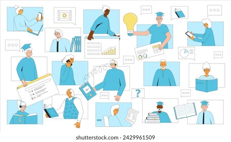 Reskilling and hobby education for retired person. Senior people learning together online. Elderly men and women get new skills. Older adults students and graduates.Vector flat illustration.